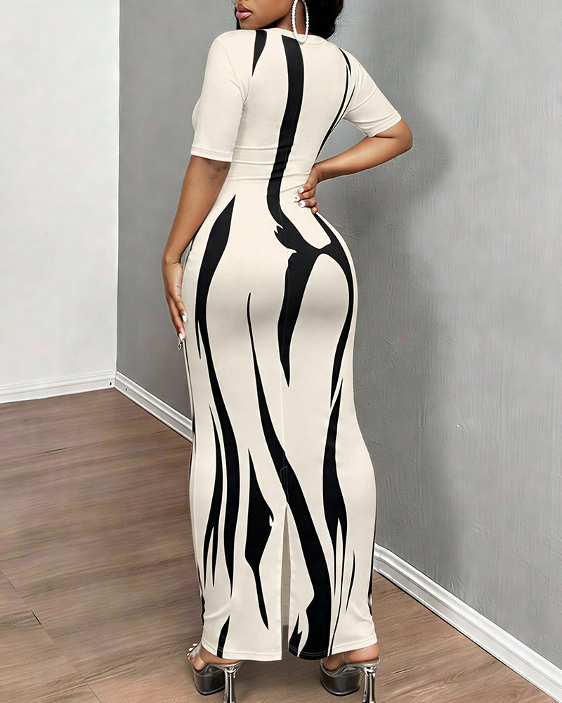 Willluxe® V-Neck Ruched Printed Slim-Fit Maxi Dress