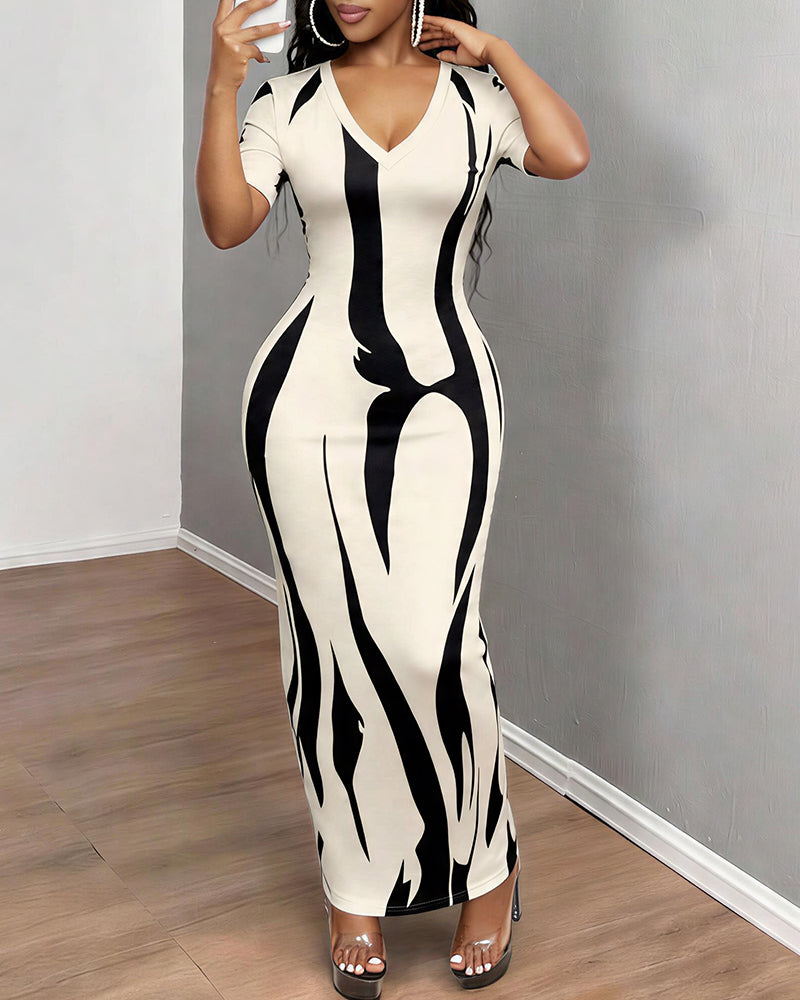 Willluxe® V-Neck Ruched Printed Slim-Fit Maxi Dress