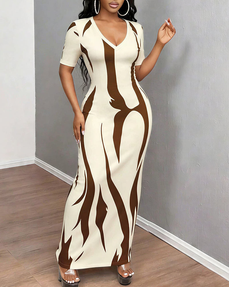 Willluxe® V-Neck Ruched Printed Slim-Fit Maxi Dress
