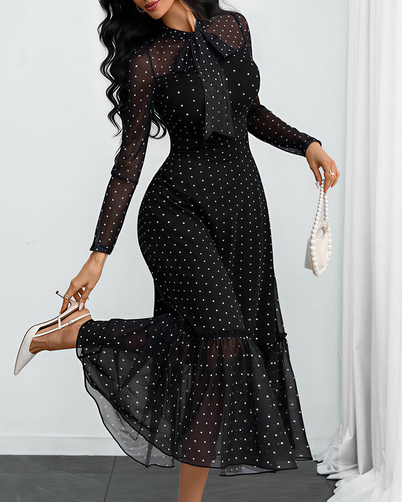 Willluxe® Vintage Polka Dot Sheer Mesh Bow-Tie Maxi Dress - Without Belt