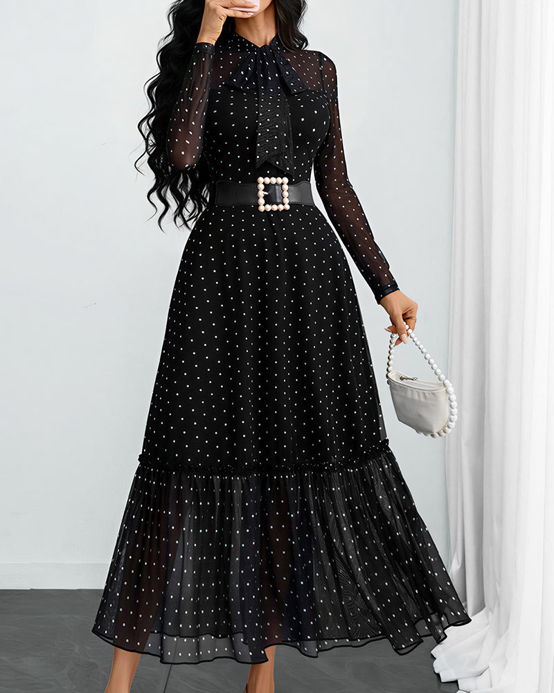 Willluxe® Vintage Polka Dot Sheer Mesh Bow-Tie Maxi Dress - Without Belt
