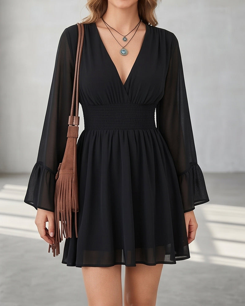 Willluxe® V-Neck Waist-Cinched Lantern Sleeve Mini Dress
