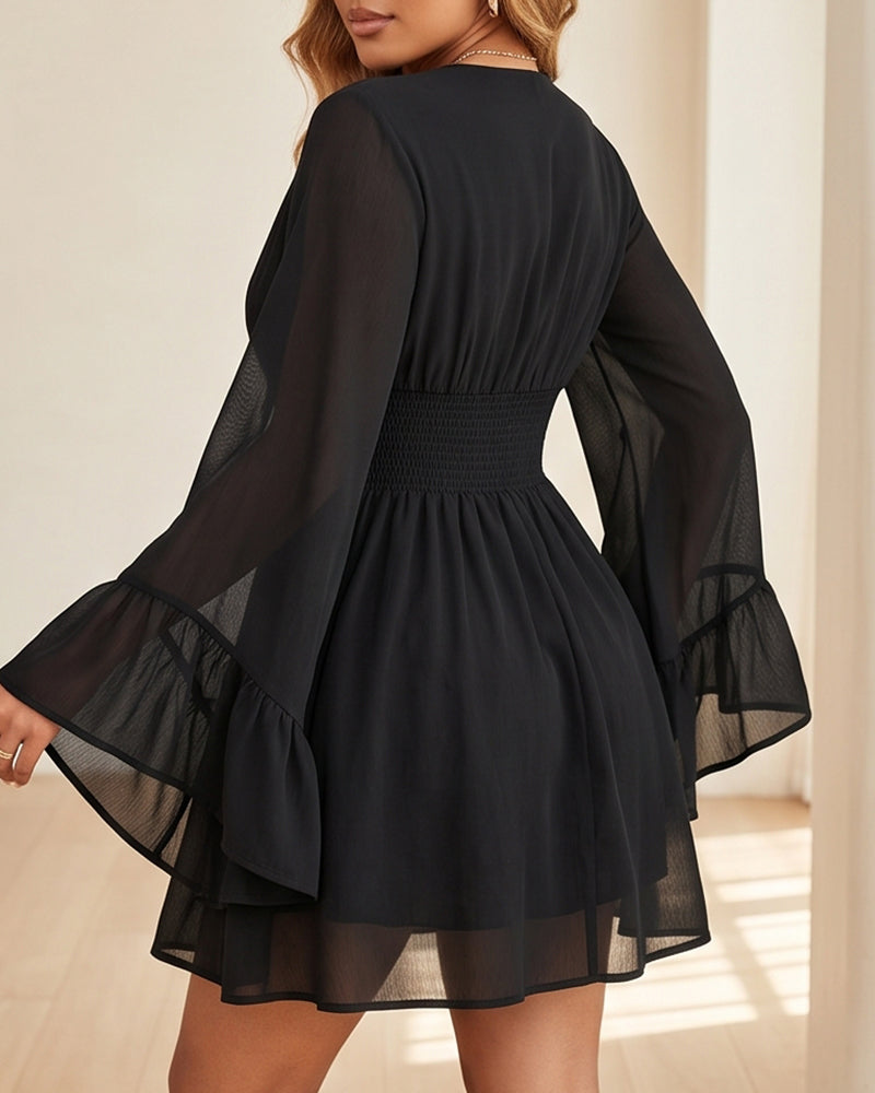 Willluxe® V-Neck Waist-Cinched Lantern Sleeve Mini Dress