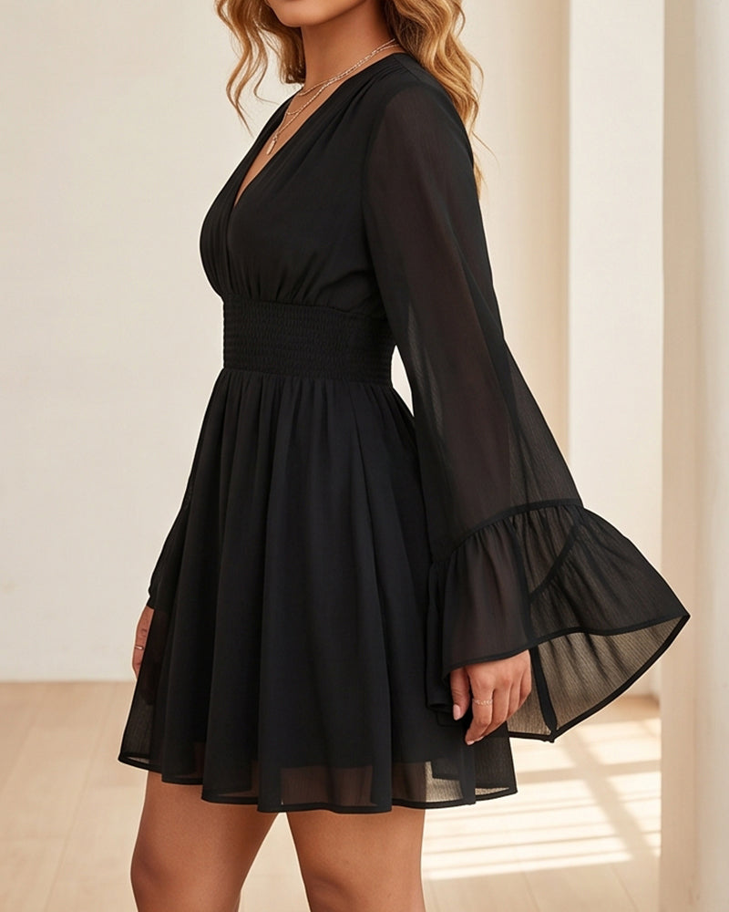 Willluxe® V-Neck Waist-Cinched Lantern Sleeve Mini Dress