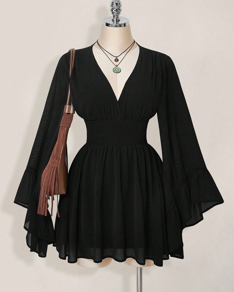 Willluxe® V-Neck Waist-Cinched Lantern Sleeve Mini Dress