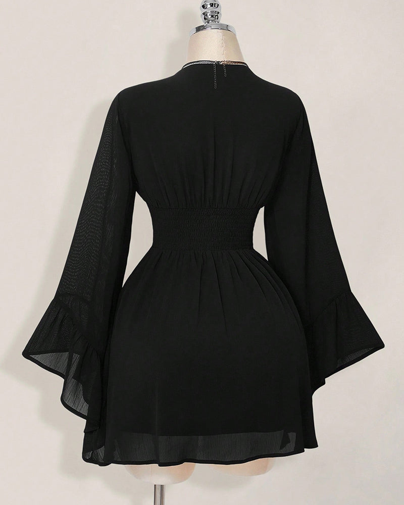 Willluxe® V-Neck Waist-Cinched Lantern Sleeve Mini Dress