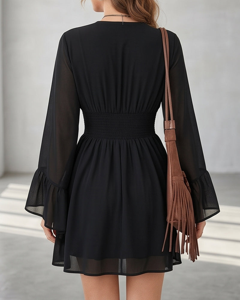 Willluxe® V-Neck Waist-Cinched Lantern Sleeve Mini Dress