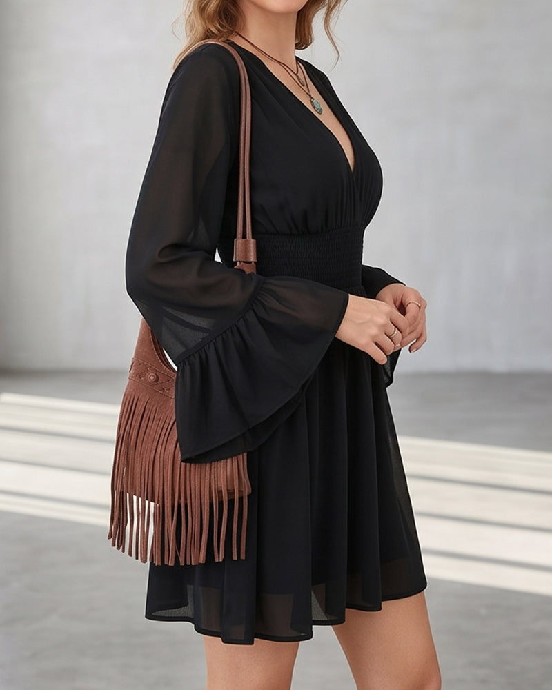 Willluxe® V-Neck Waist-Cinched Lantern Sleeve Mini Dress