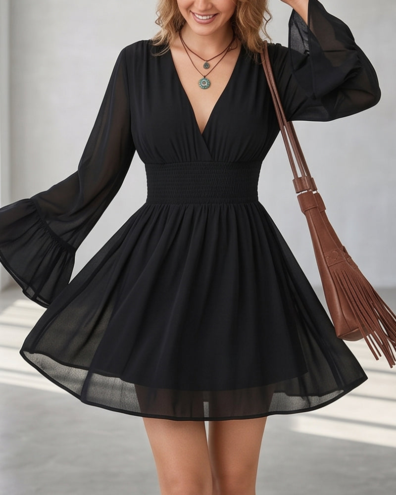 Willluxe® V-Neck Waist-Cinched Lantern Sleeve Mini Dress