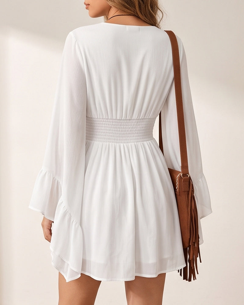 Willluxe® V-Neck Waist-Cinched Lantern Sleeve Mini Dress