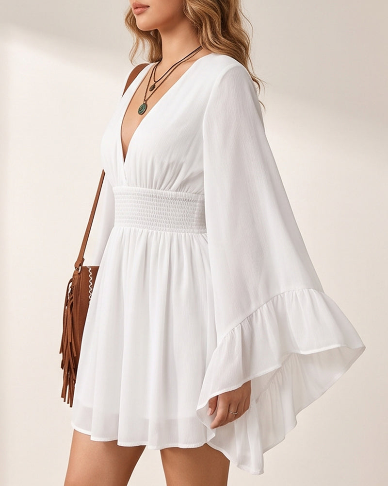 Willluxe® V-Neck Waist-Cinched Lantern Sleeve Mini Dress