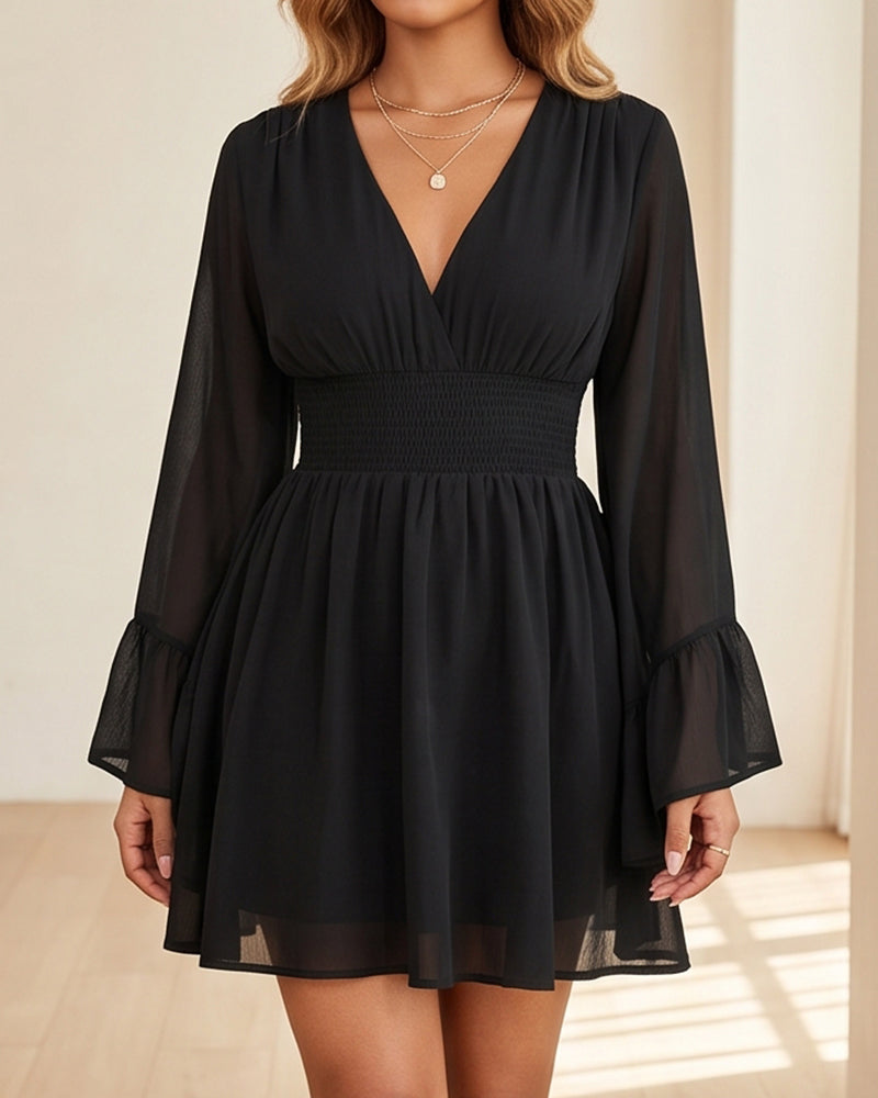 Willluxe® V-Neck Waist-Cinched Lantern Sleeve Mini Dress
