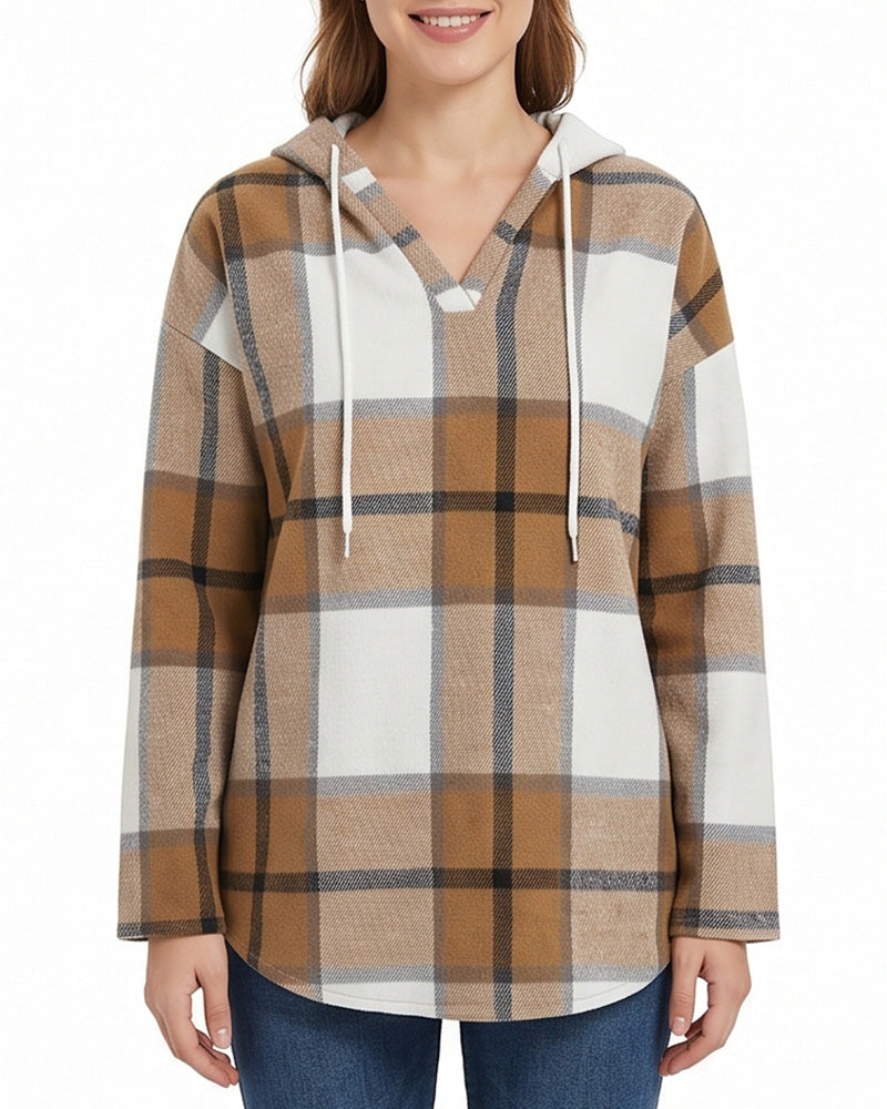 Willluxe® Hooded Plaid V-Neck Casual Shirt