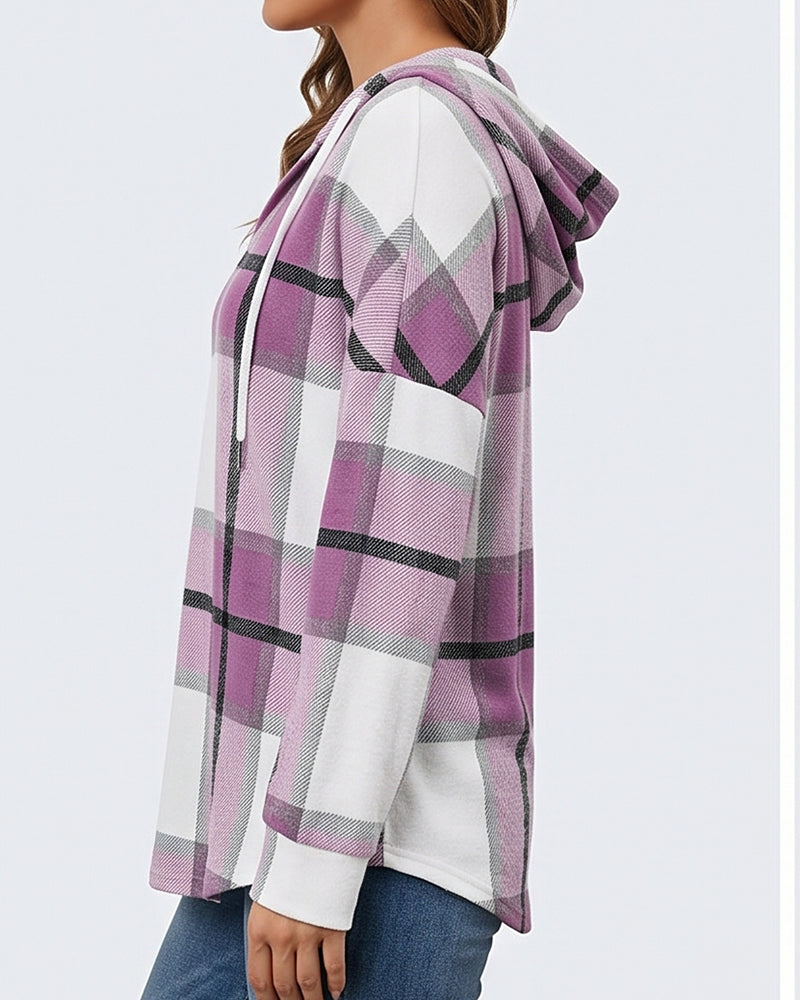 Willluxe® Hooded Plaid V-Neck Casual Shirt