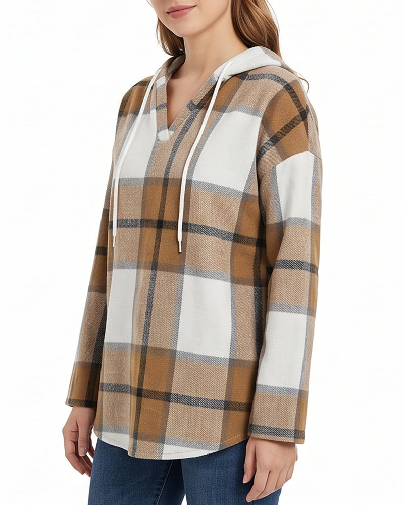 Willluxe® Hooded Plaid V-Neck Casual Shirt