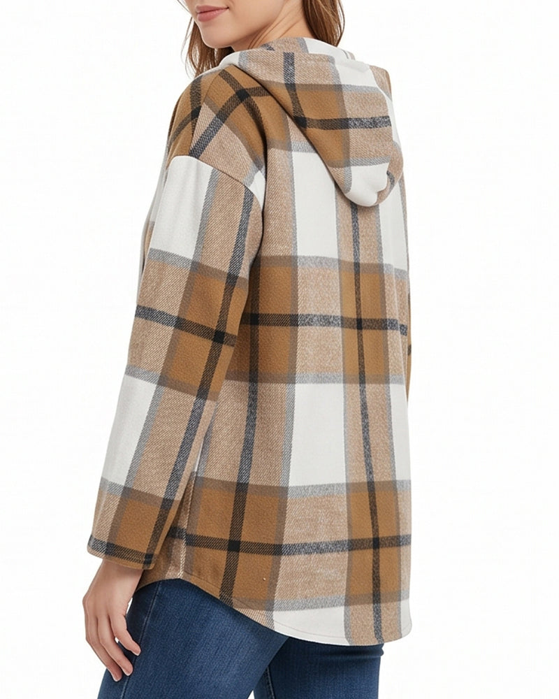 Willluxe® Hooded Plaid V-Neck Casual Shirt