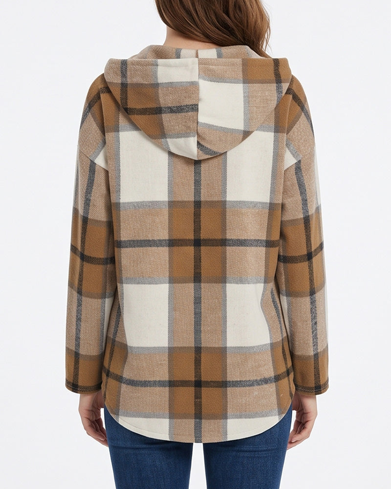 Willluxe® Hooded Plaid V-Neck Casual Shirt