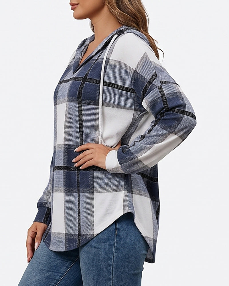 Willluxe® Hooded Plaid V-Neck Casual Shirt