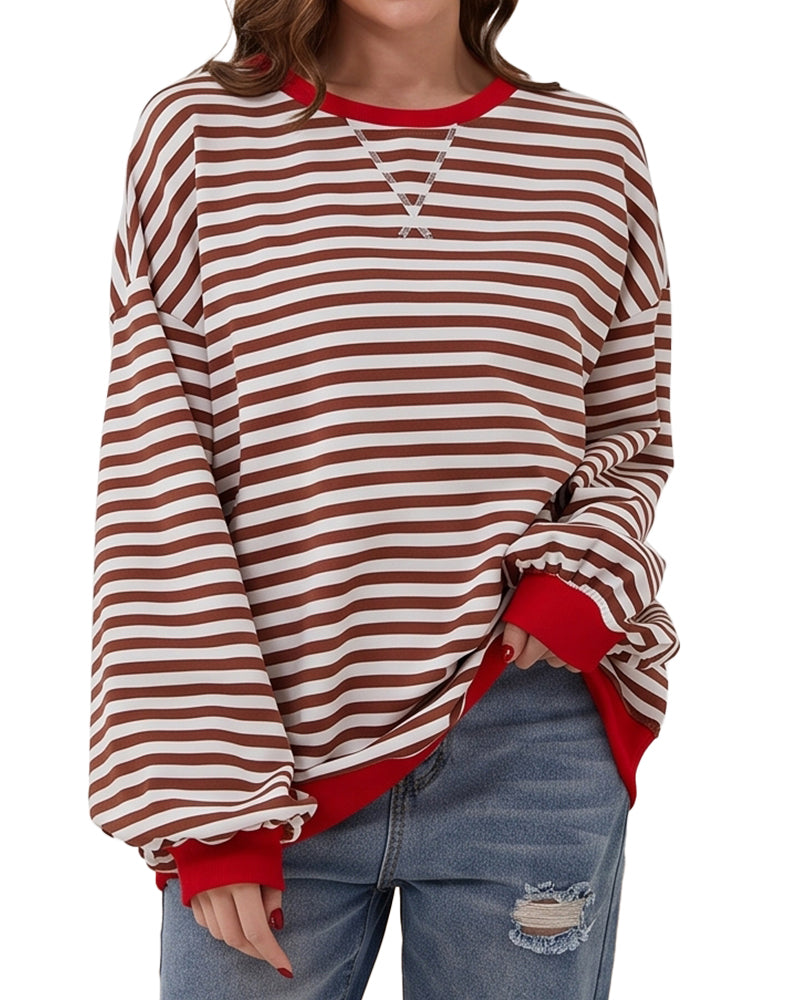 Willluxe® Color Block Striped Crew Neck Long Sleeve Top