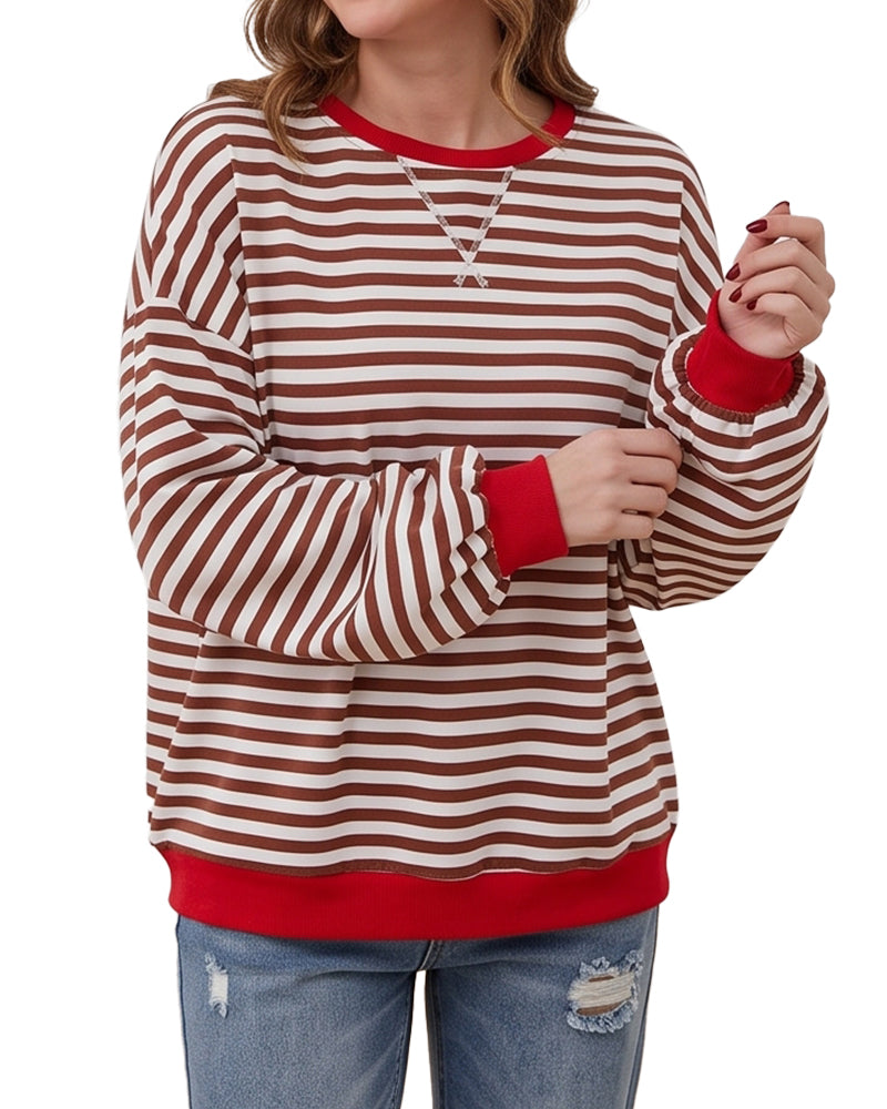 Willluxe® Color Block Striped Crew Neck Long Sleeve Top
