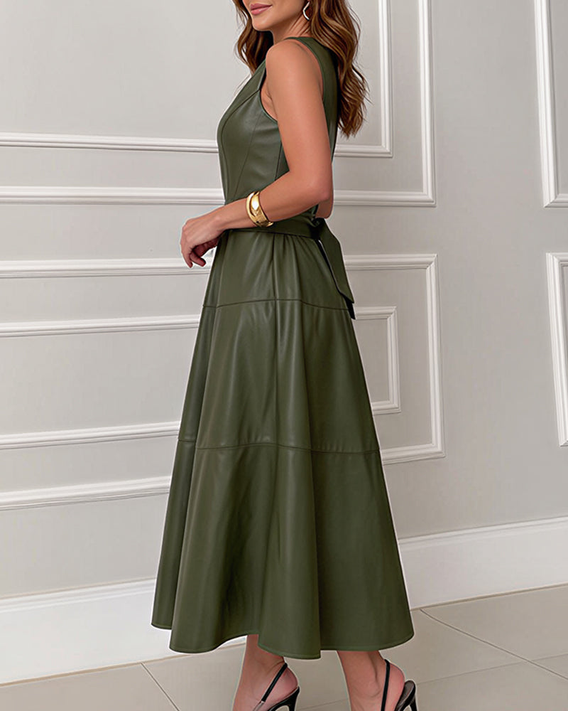 Willluxe® PU Leather Sleeveless Belted Maxi Dress
