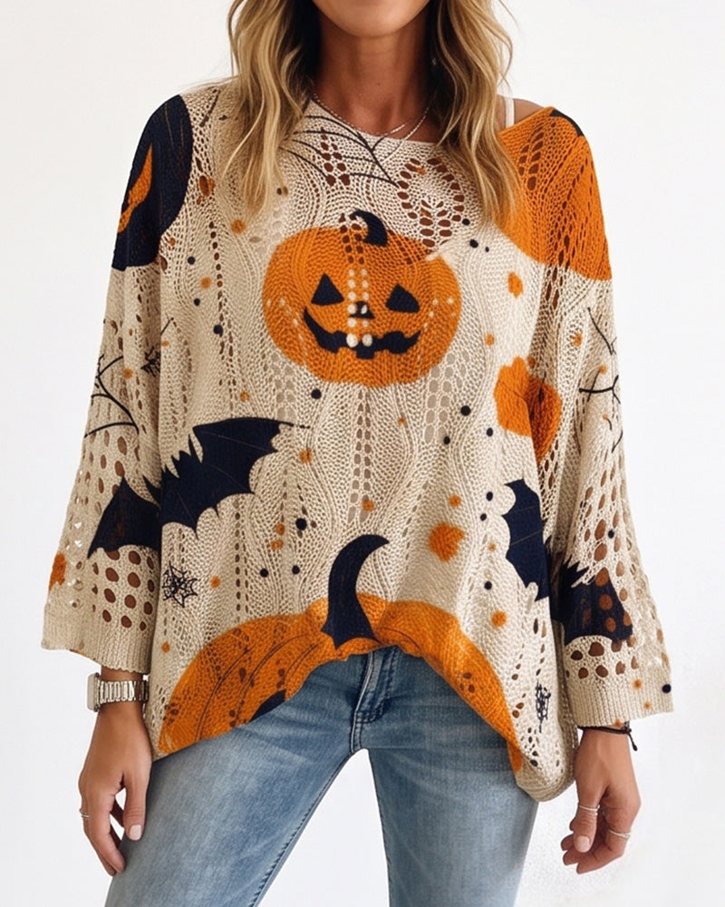 Willluxe® Festive Pumpkin & Bat Long-Sleeve Halloween Pullover