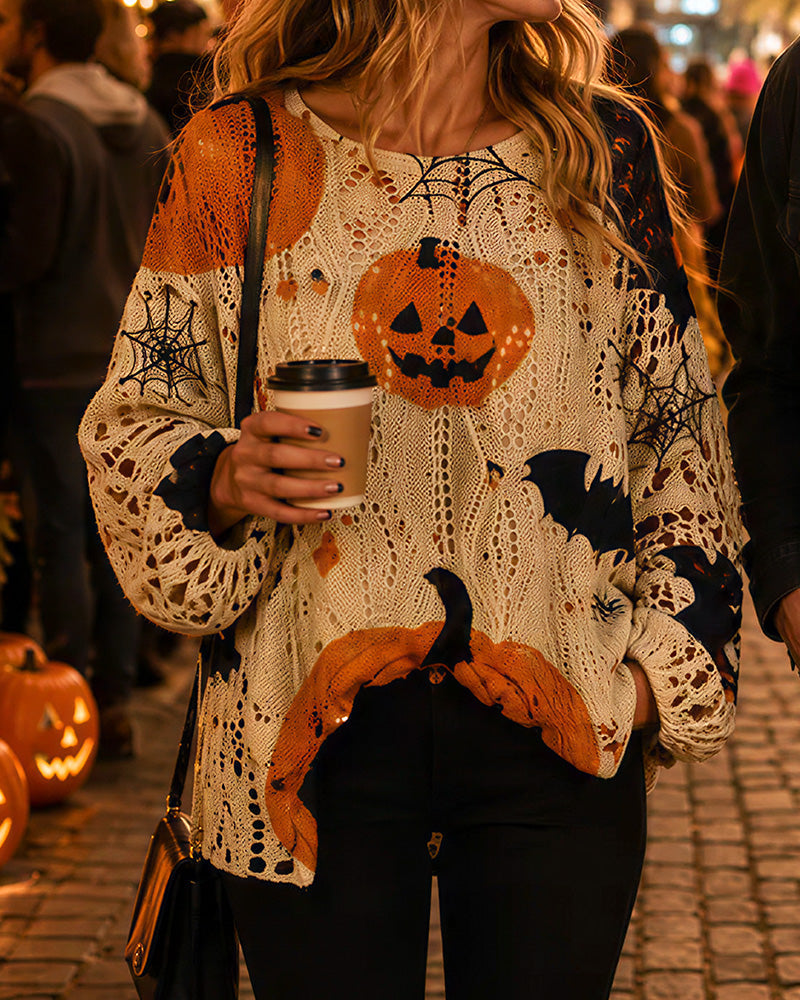Willluxe® Festive Pumpkin & Bat Long-Sleeve Halloween Pullover