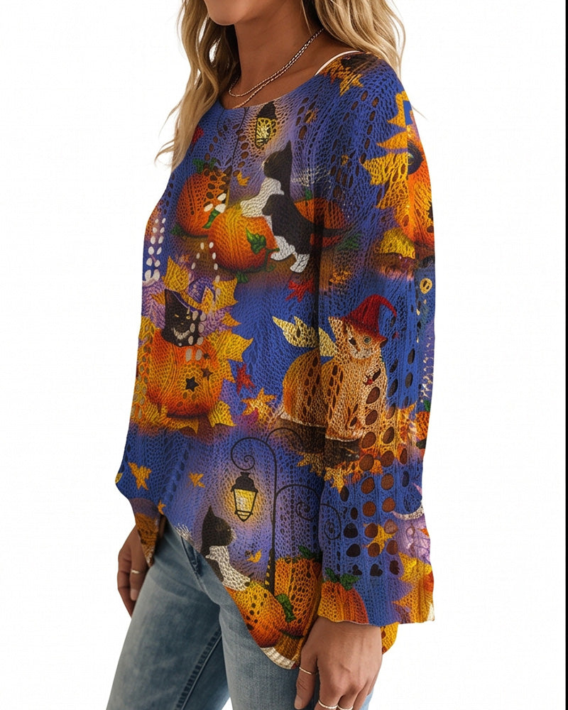 Willluxe® Festive Pumpkin & Bat Long-Sleeve Halloween Pullover