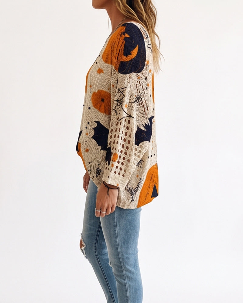 Willluxe® Festive Pumpkin & Bat Long-Sleeve Halloween Pullover
