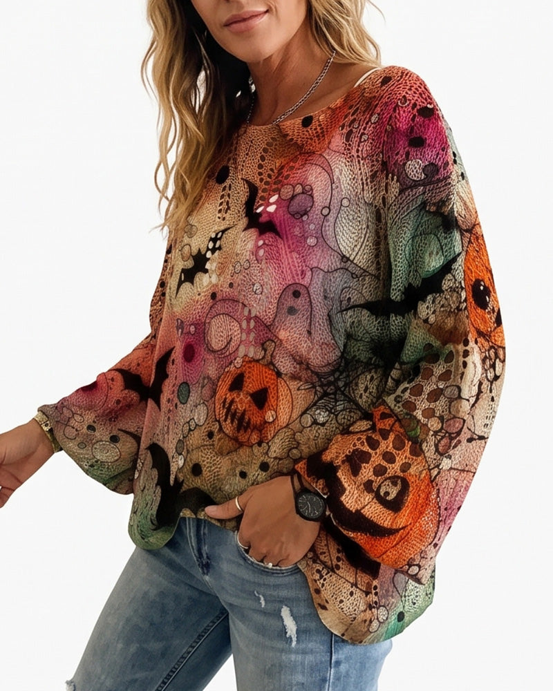 Willluxe® Festive Pumpkin & Bat Long-Sleeve Halloween Pullover