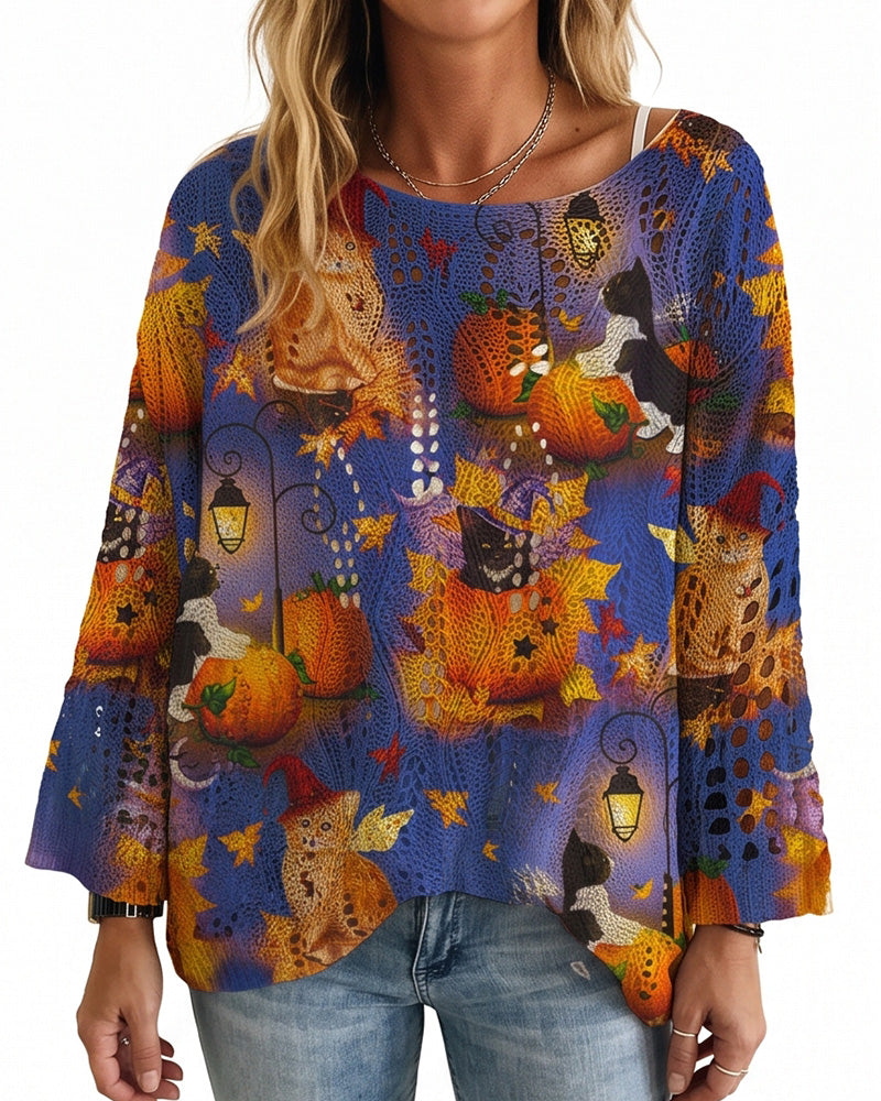 Willluxe® Festive Pumpkin & Bat Long-Sleeve Halloween Pullover