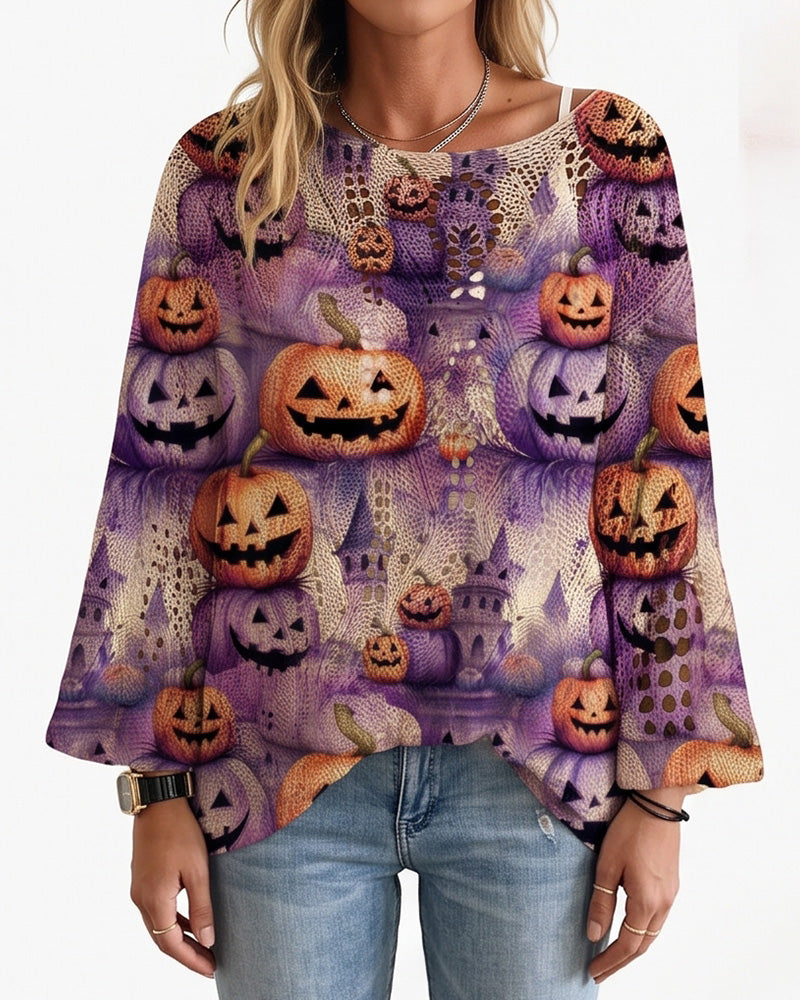 Willluxe® Festive Pumpkin & Bat Long-Sleeve Halloween Pullover