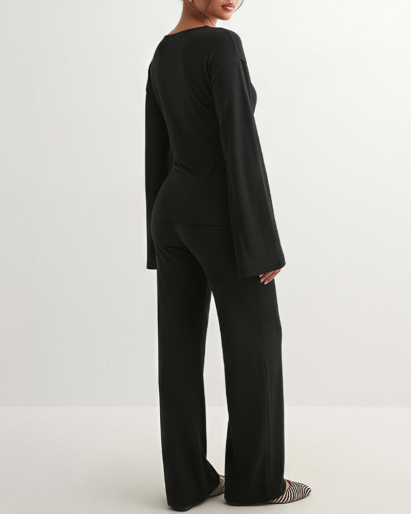 Willluxe® Flared Sleeve Crew Neck Two-Piece Lounge Set