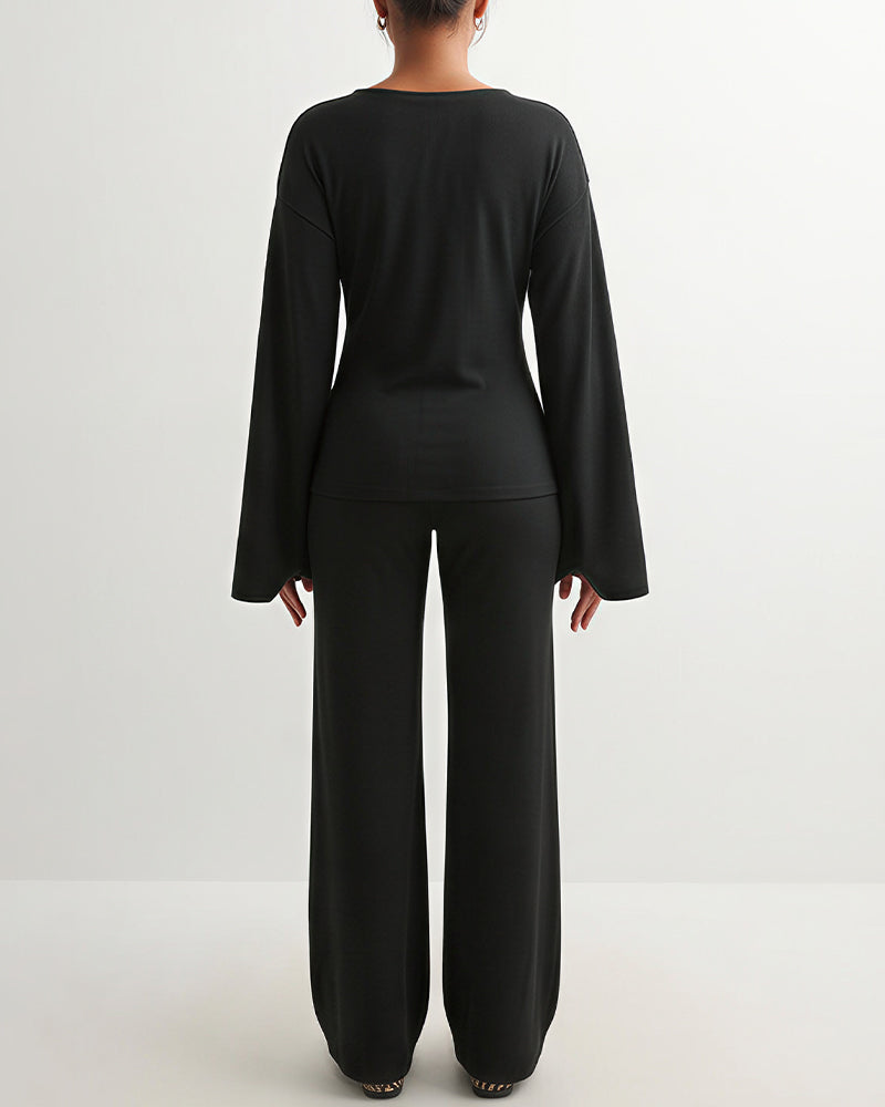 Willluxe® Flared Sleeve Crew Neck Two-Piece Lounge Set