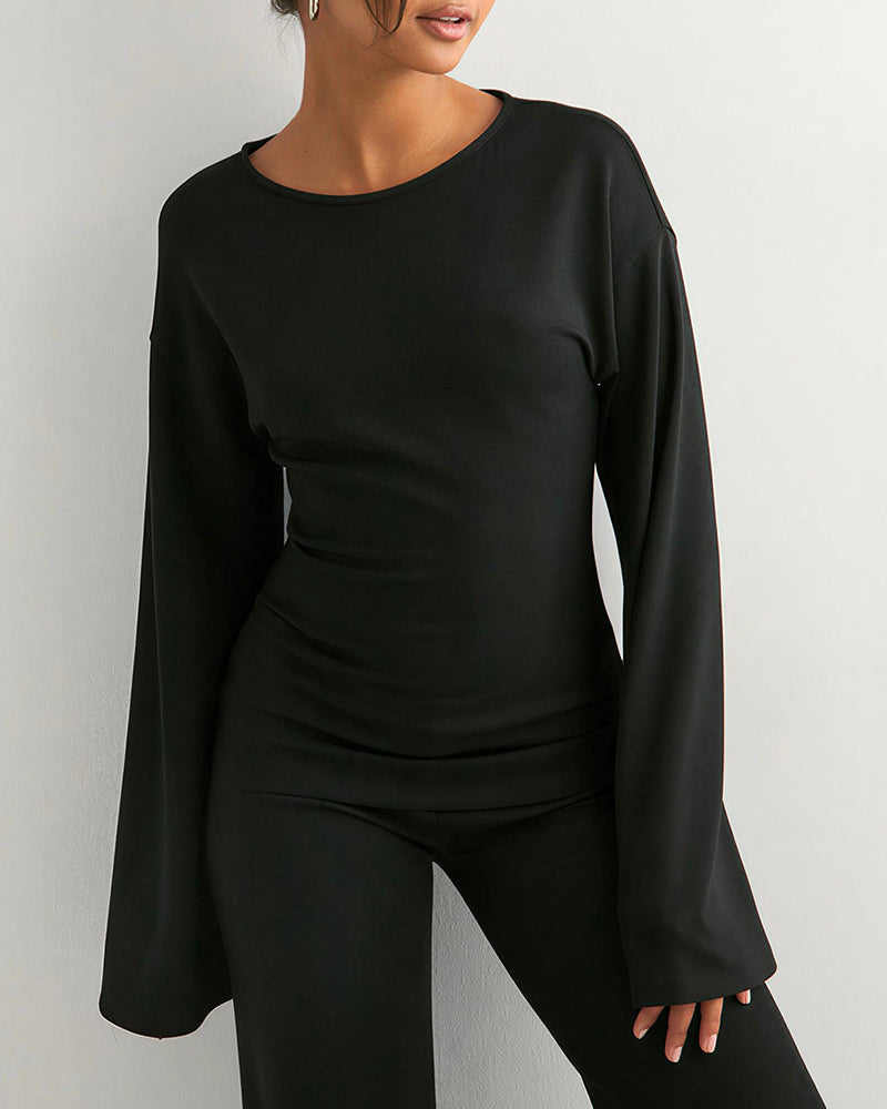 Willluxe® Flared Sleeve Crew Neck Two-Piece Lounge Set
