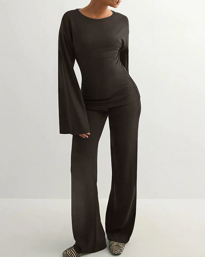 Willluxe® Flared Sleeve Crew Neck Two-Piece Lounge Set