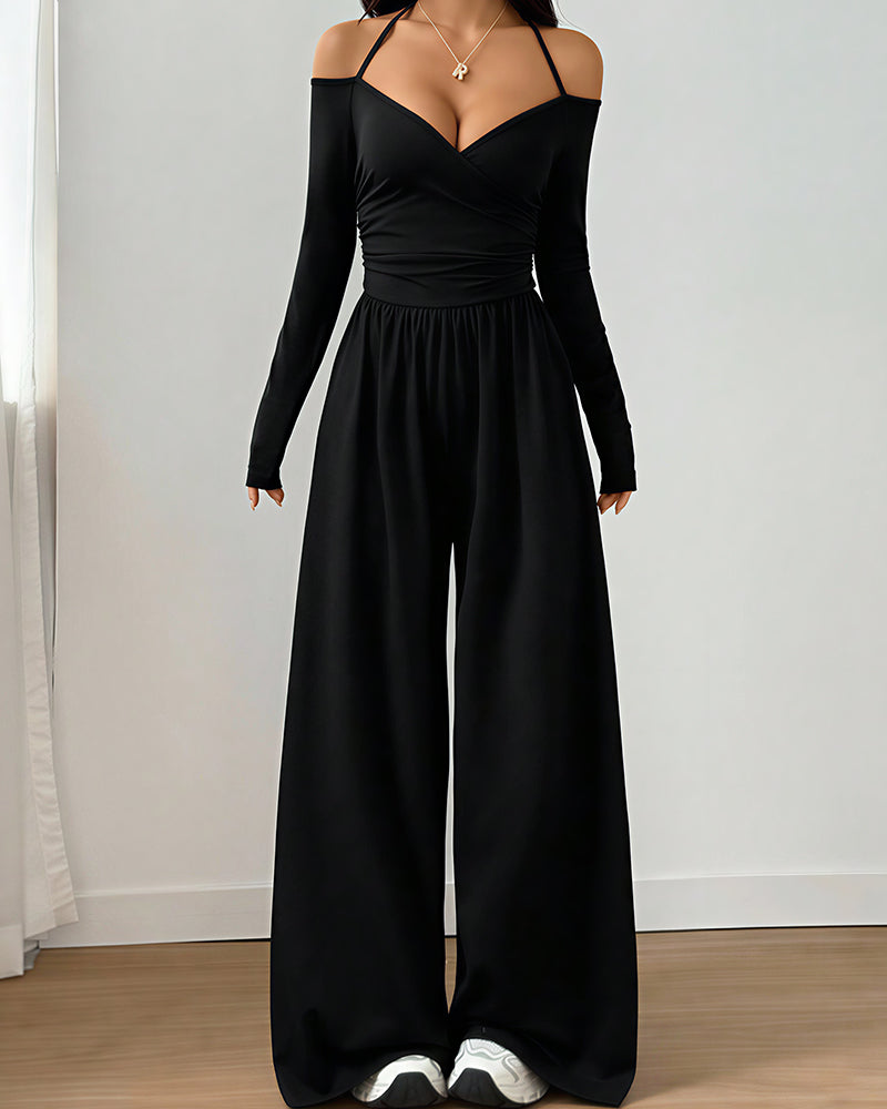 Willluxe® Halter V-Neck Long Sleeve Wide Leg Jumpsuit