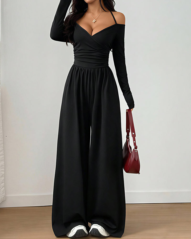 Willluxe® Halter V-Neck Long Sleeve Wide Leg Jumpsuit