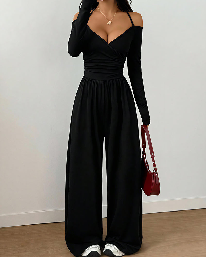 Willluxe® Halter V-Neck Long Sleeve Wide Leg Jumpsuit