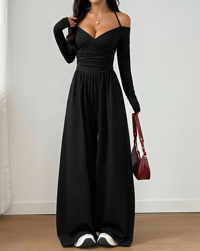 Willluxe® Halter V-Neck Long Sleeve Wide Leg Jumpsuit