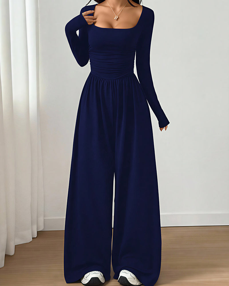 Willluxe® Square Neck Long Sleeve Wide Leg Jumpsuit