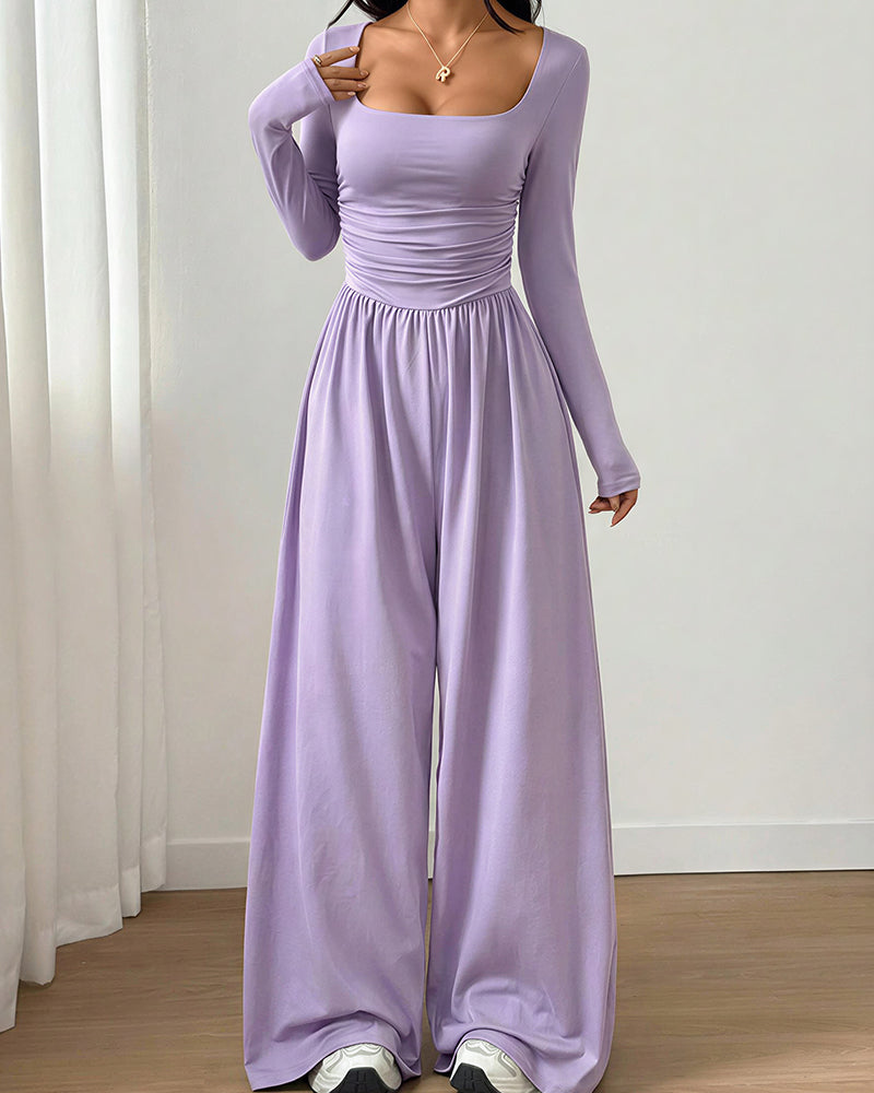 Willluxe® Square Neck Long Sleeve Wide Leg Jumpsuit