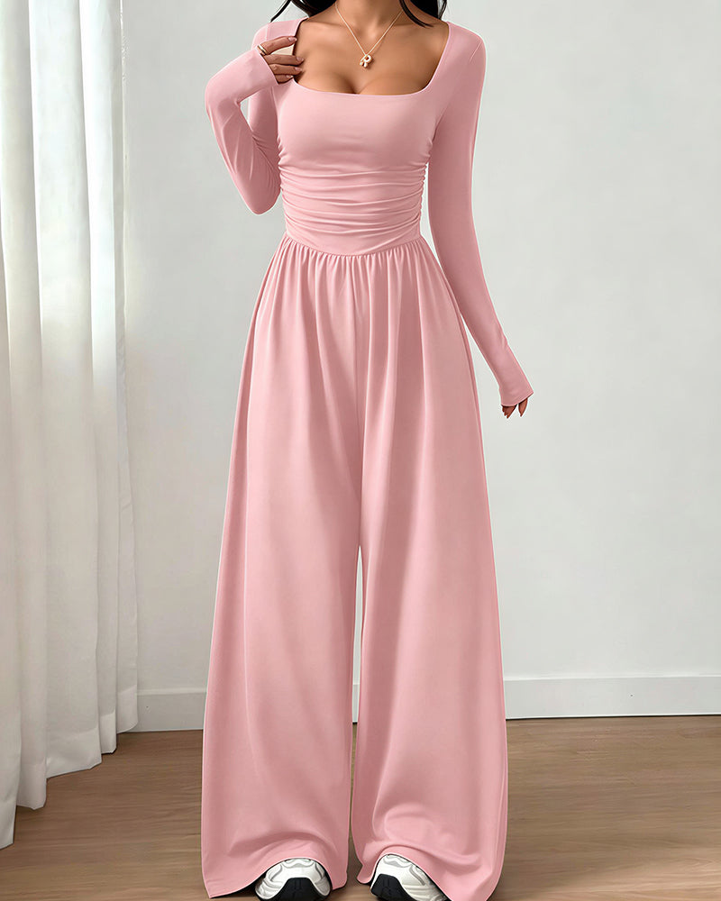 Willluxe® Square Neck Long Sleeve Wide Leg Jumpsuit