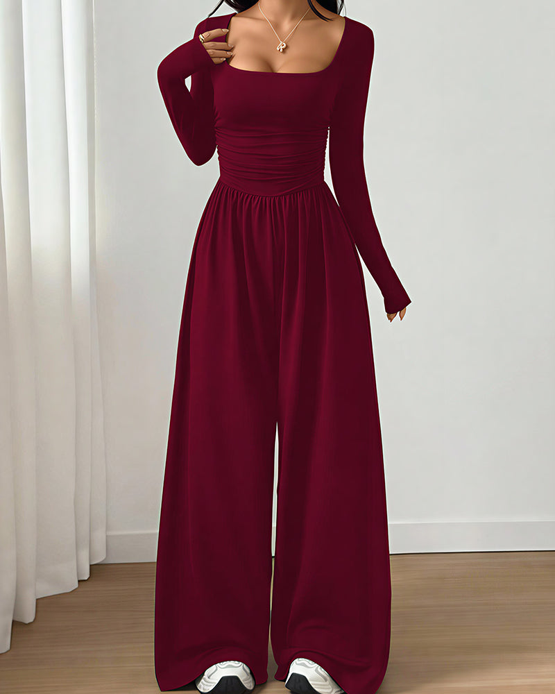 Willluxe® Square Neck Long Sleeve Wide Leg Jumpsuit