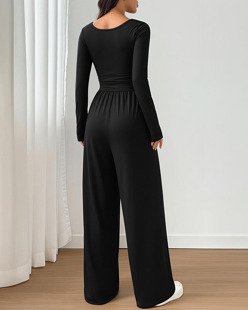 Willluxe® Square Neck Long Sleeve Wide Leg Jumpsuit