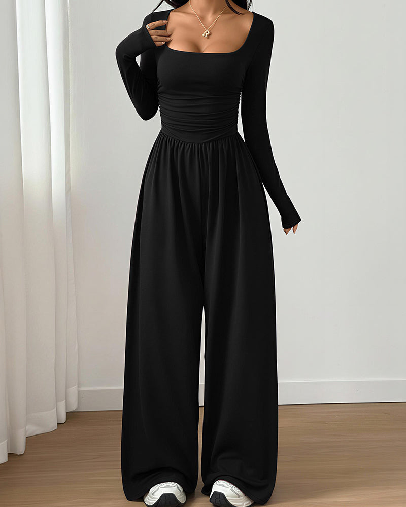 Willluxe® Square Neck Long Sleeve Wide Leg Jumpsuit