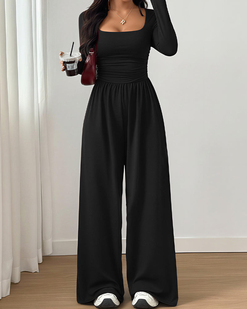 Willluxe® Square Neck Long Sleeve Wide Leg Jumpsuit