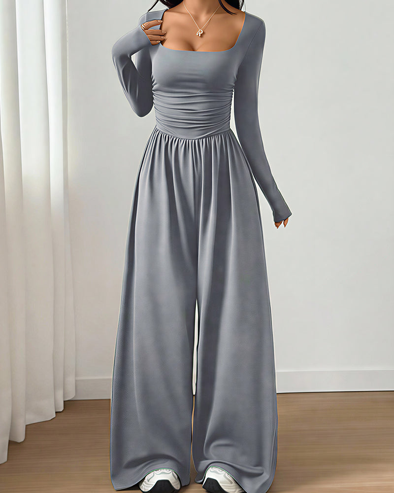 Willluxe® Square Neck Long Sleeve Wide Leg Jumpsuit