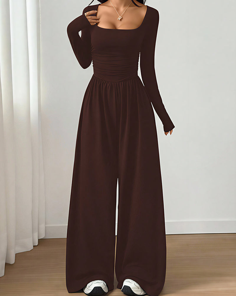 Willluxe® Square Neck Long Sleeve Wide Leg Jumpsuit