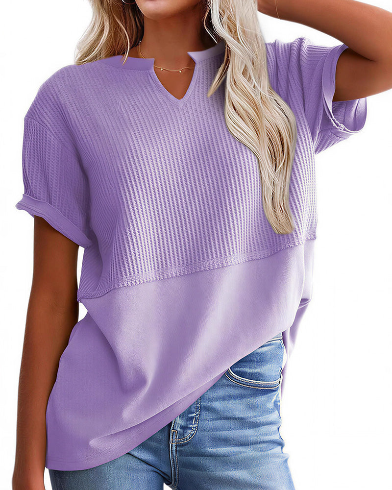 Willluxe® Casual V-Neck Textured Panel T-Shirt